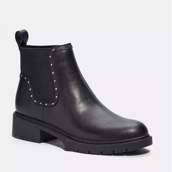 Coach Black Leather Bootie 'Lory' Women 6.5 Ankle Boot Stud Detail Slip On - Picture 1 of 10